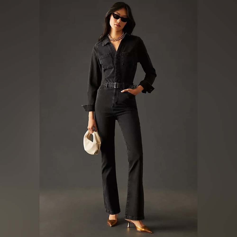 PAIGE Manhattan Long Sleeve Jumpsuit W/Self Belt in Matilda Denim Sz 6